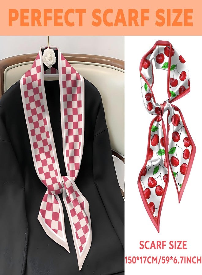 BHAHB 2PCS Hair Head Scarf Silk Feeling Long Satin Neck Satin Scarves for Handbag Cute Decoration Aesthetic Women 59 * 6.7''-Pink Cherry - Image 2